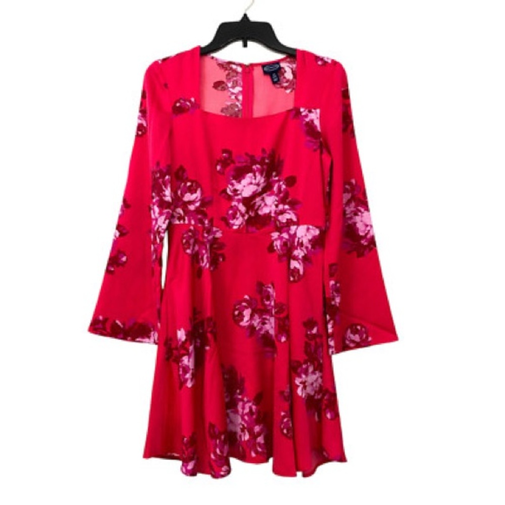 Scoop Hot Pink Square Neck Floral Print Bell Sleeves Mini Dress XXL (Size 20)